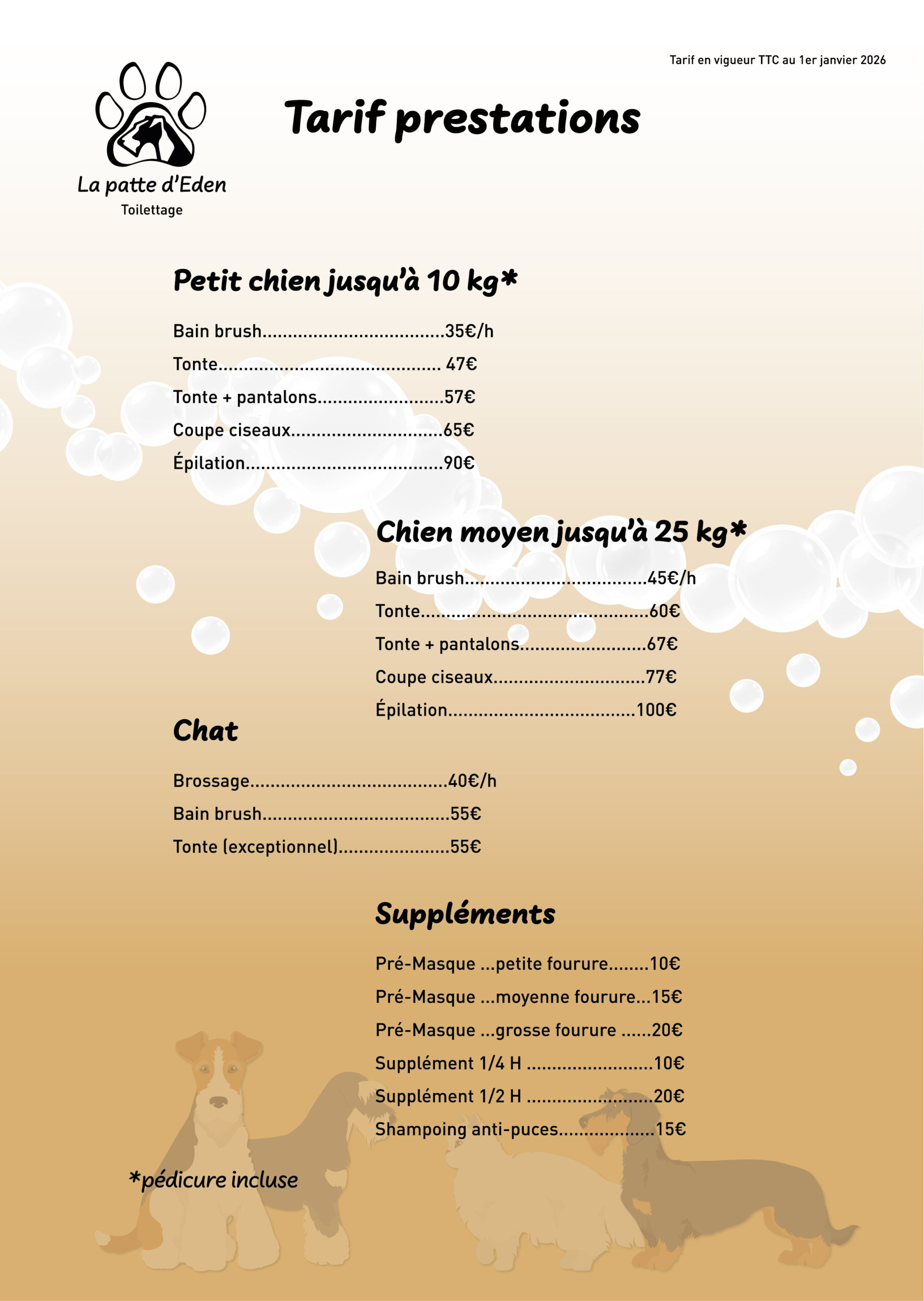 Cette image représente le tarif 2026 de la patte d'Eden