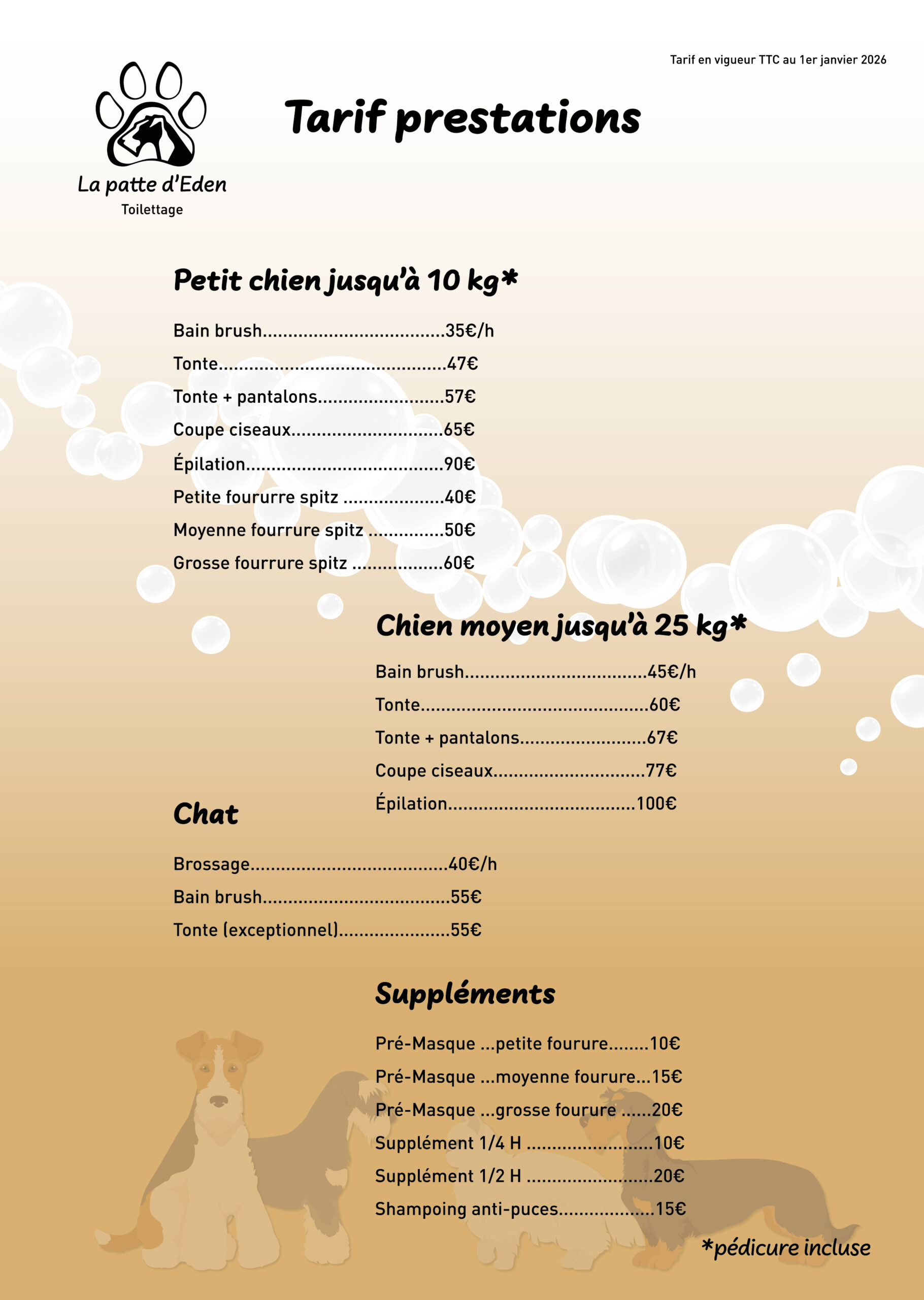 Cette image représente le tarif 2026 de la patte d'Eden